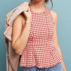 Maeve Red Gingham Tweed Raw Hem Peplum Top Size 6